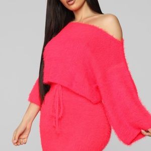 Fashion Nova You Feel Me Fuzzy Skirt Set Neon Pink